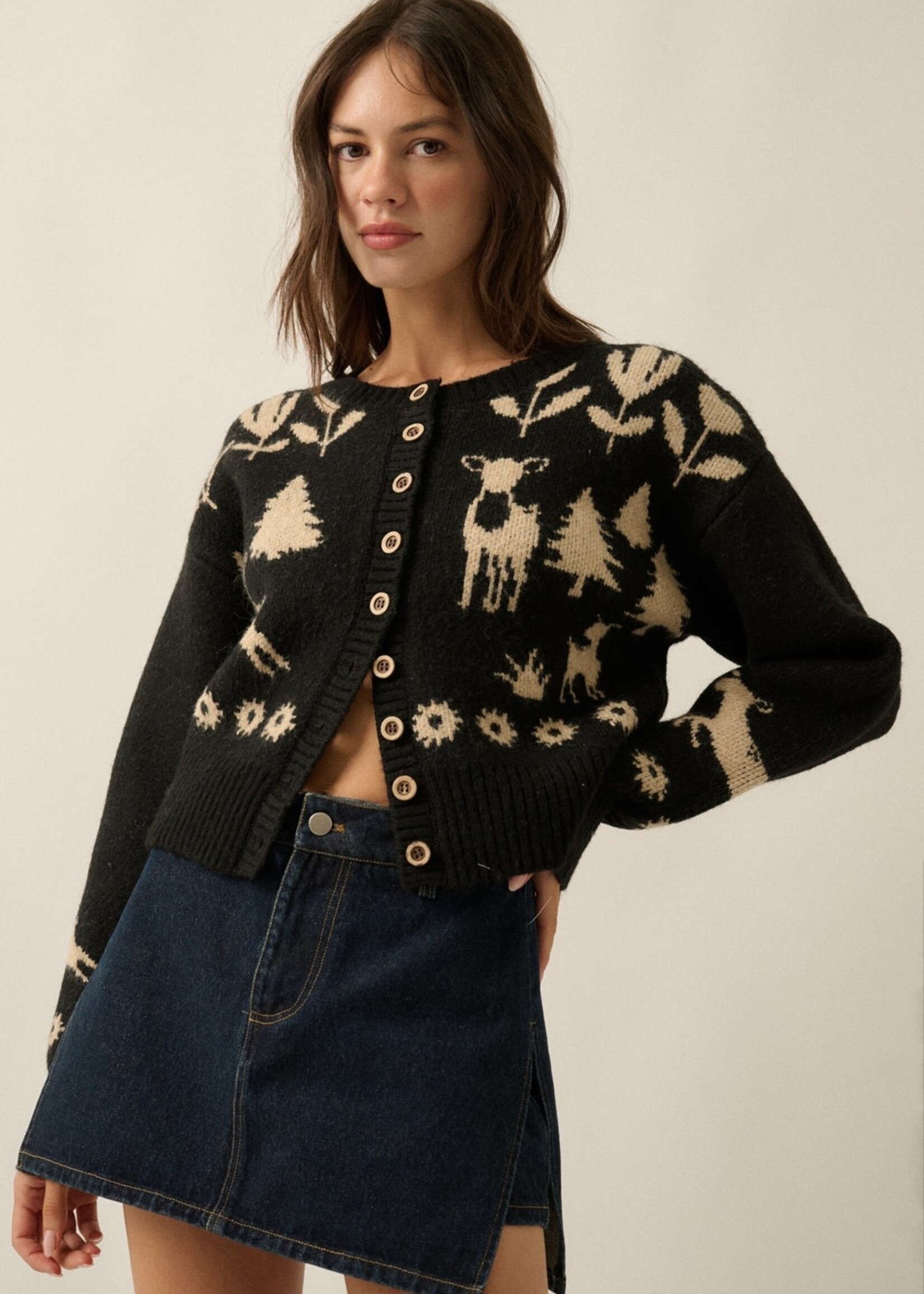 Promesa USA Forest Motif Knit Button-Front Cropped Cardigan Sweater