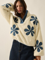 Promesa USA Sherpa Fleece Floral Denim Applique Quarter-Snap Pullover