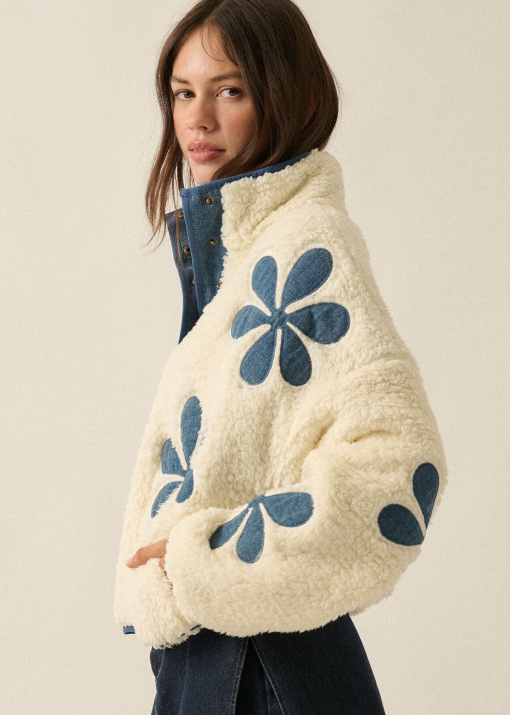 Promesa USA Sherpa Fleece Floral Denim Applique Quarter-Snap Pullover