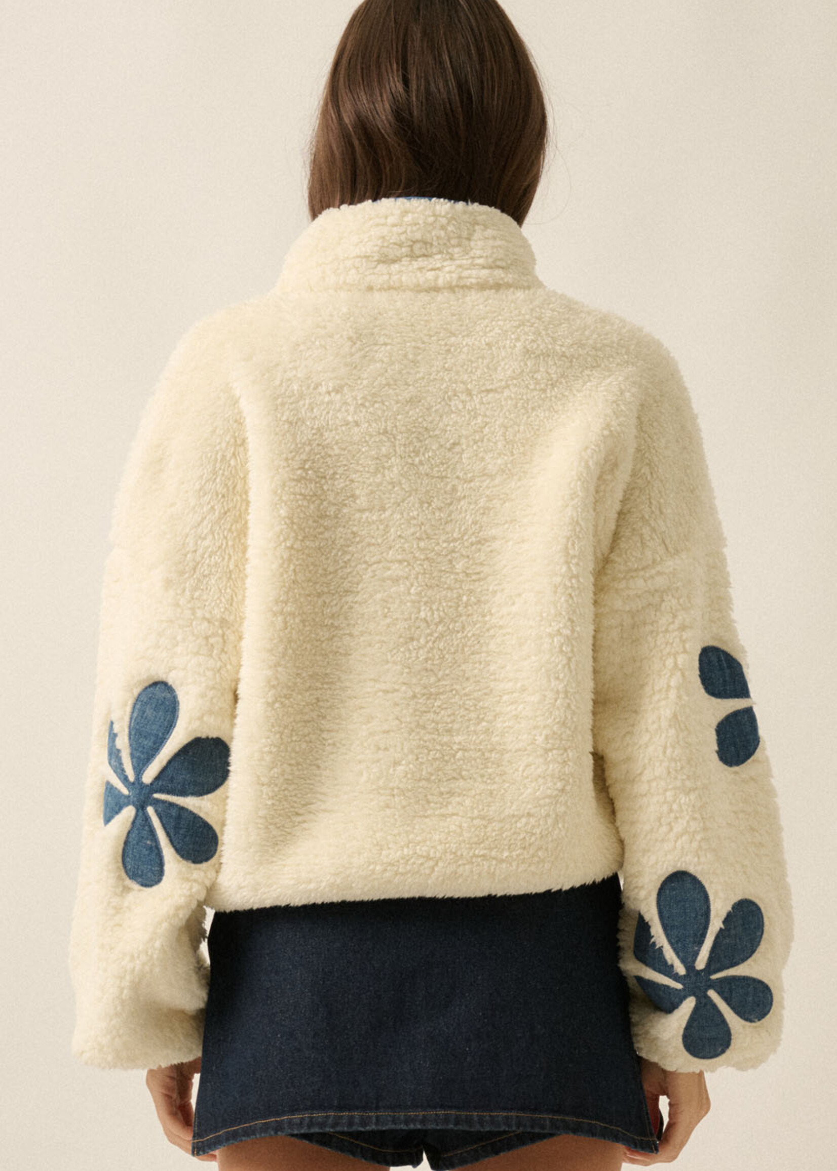 Promesa USA Sherpa Fleece Floral Denim Applique Quarter-Snap Pullover