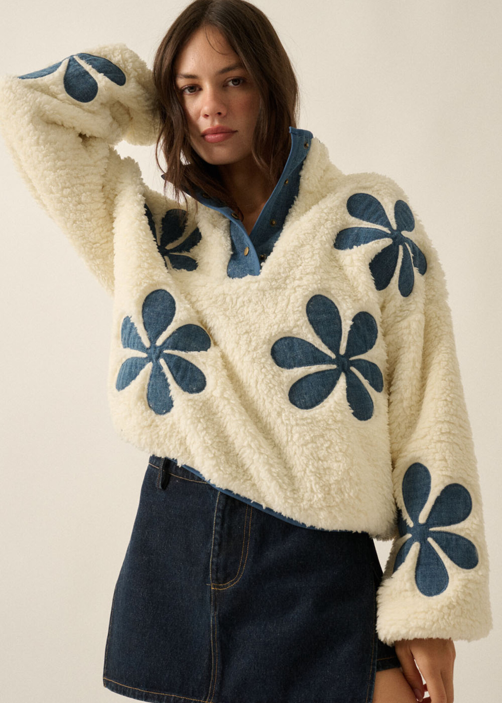 Promesa USA Sherpa Fleece Floral Denim Applique Quarter-Snap Pullover