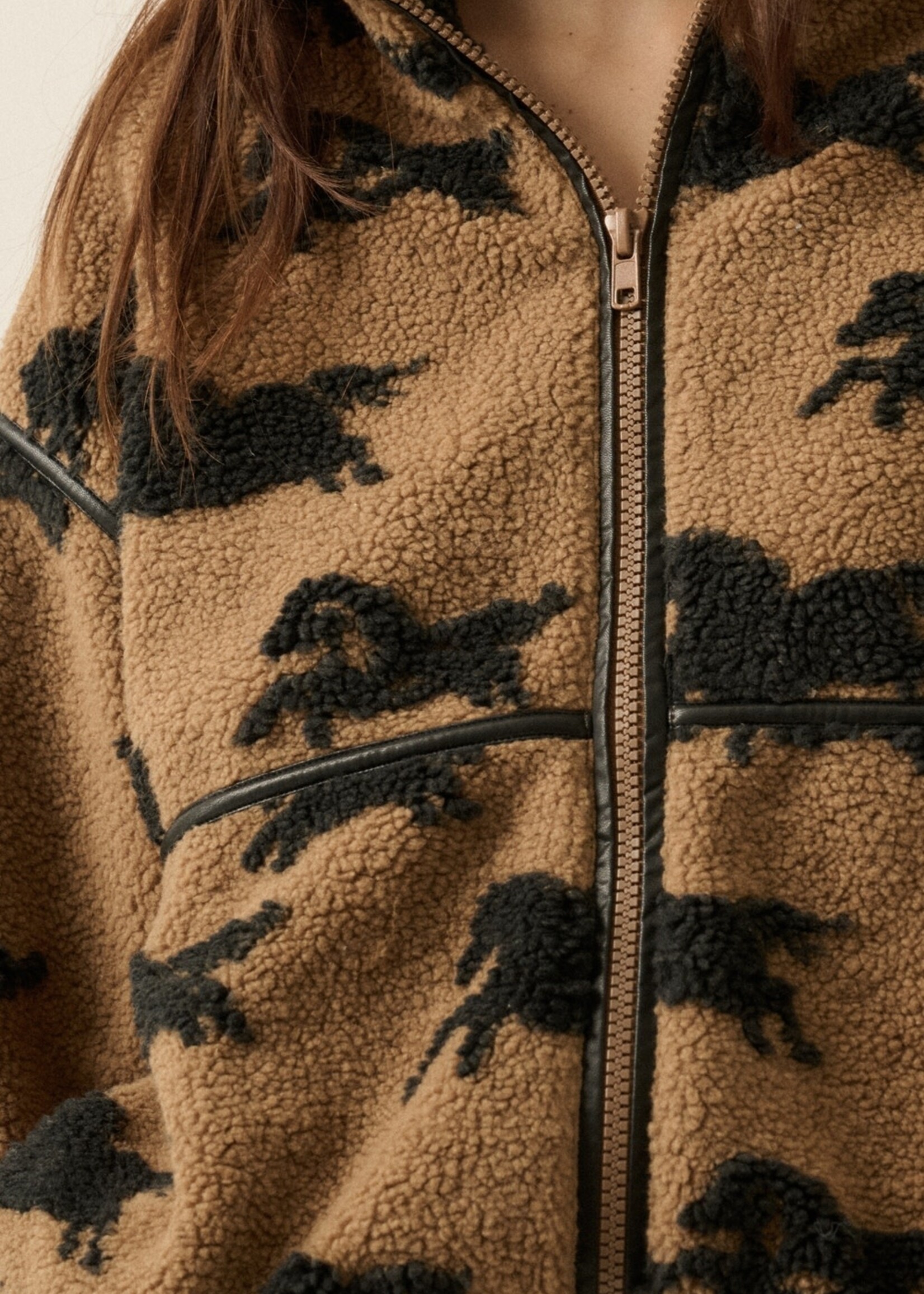 Promesa USA Horses Jacquard Sherpa Fleece Zip-Up High-Collar Jacket