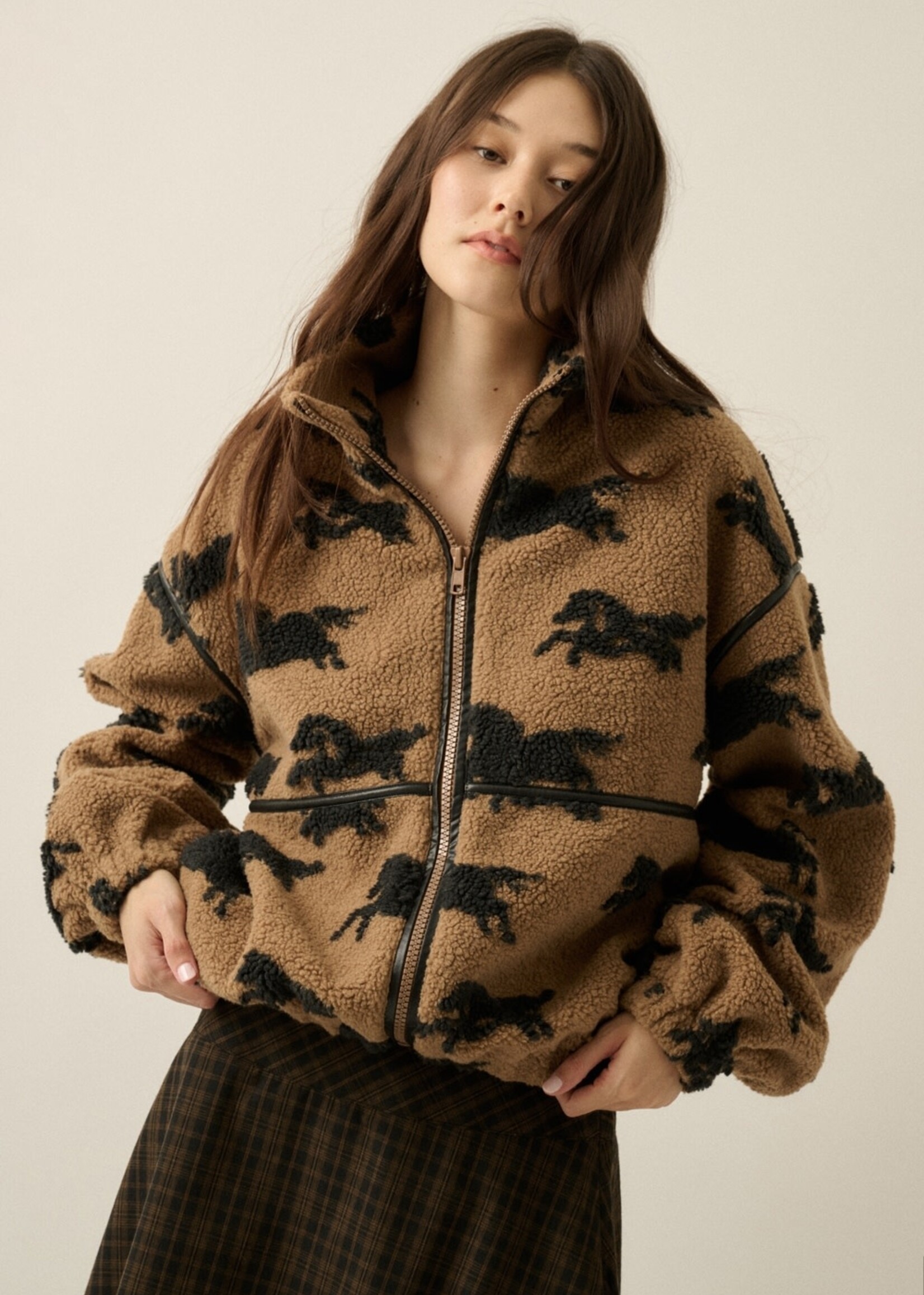 Promesa USA Horses Jacquard Sherpa Fleece Zip-Up High-Collar Jacket