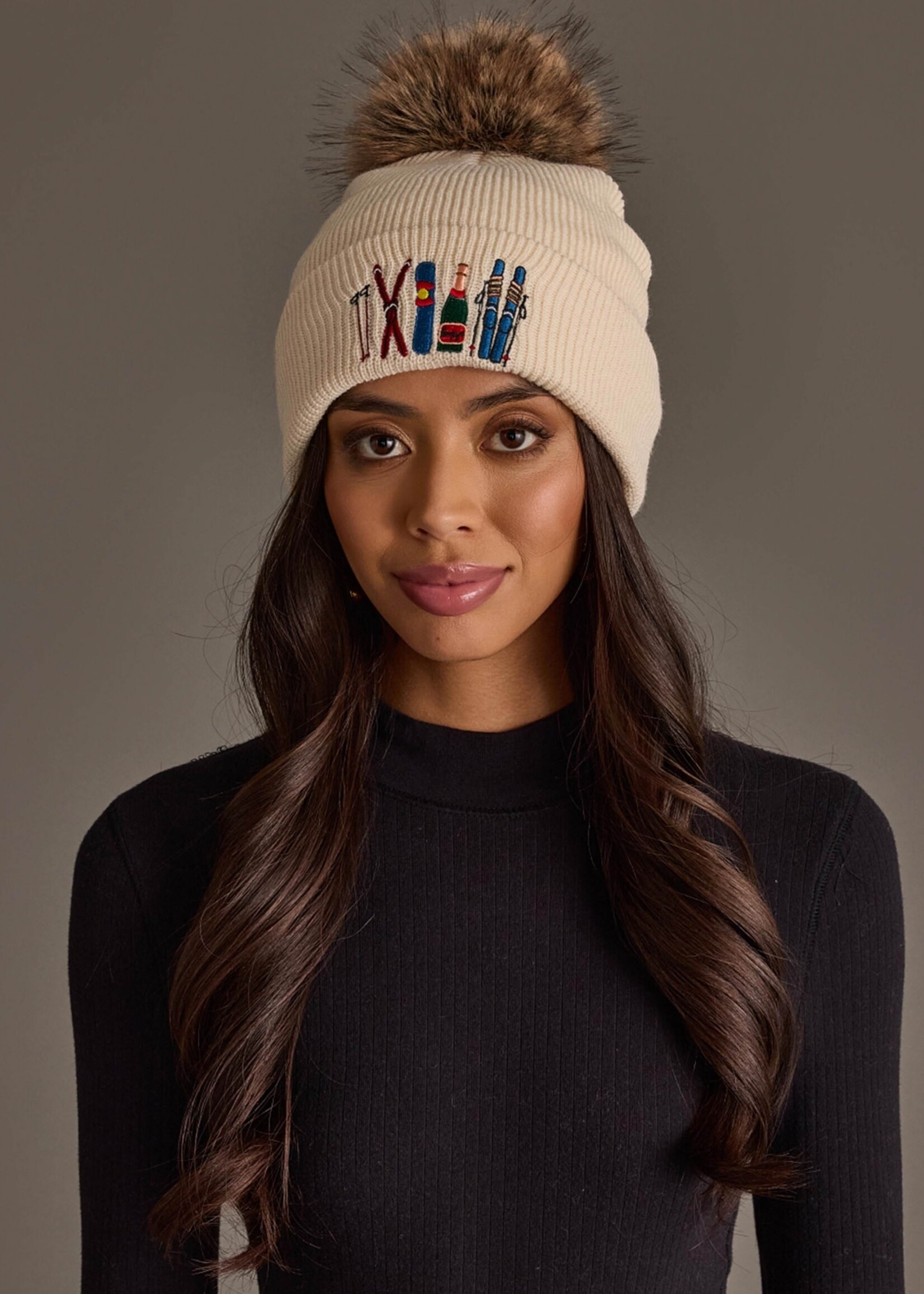 Panache Apparel Co. Embroidered Knit Pom Beanie Beige Ski