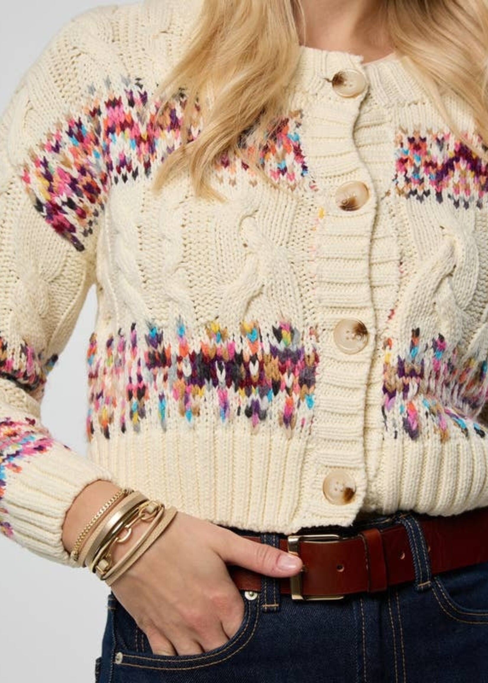 Saachi Fair Isle Cable Knit Cardigan