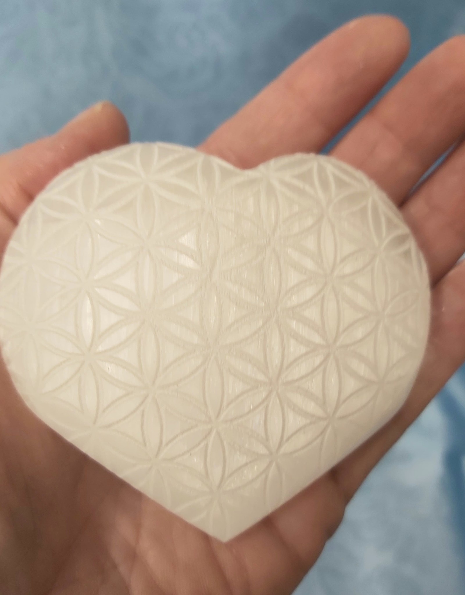 Selenite Flower of Life Ectched Heart - 3"
