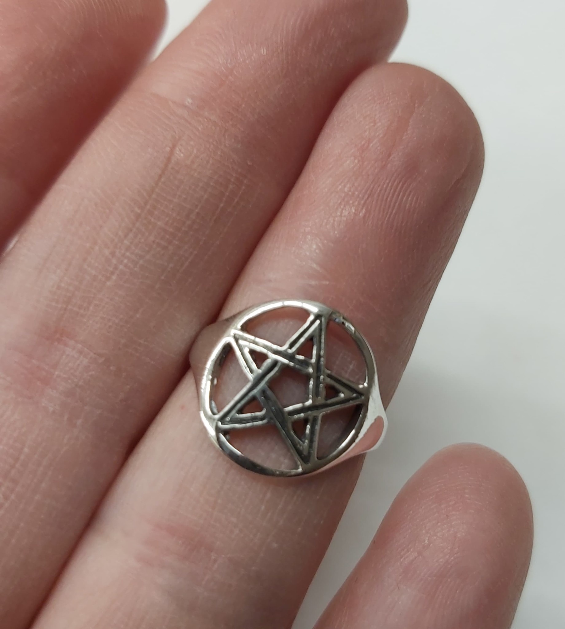 Large Pentagram Ring Size 5 Sterling Silver White Feather