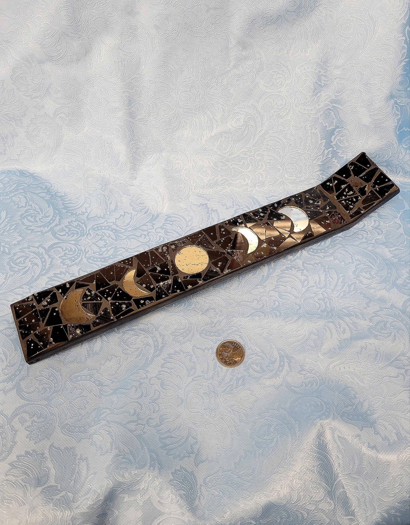 Wood Incense Holder -Black Mosaic Moon Phases 13"