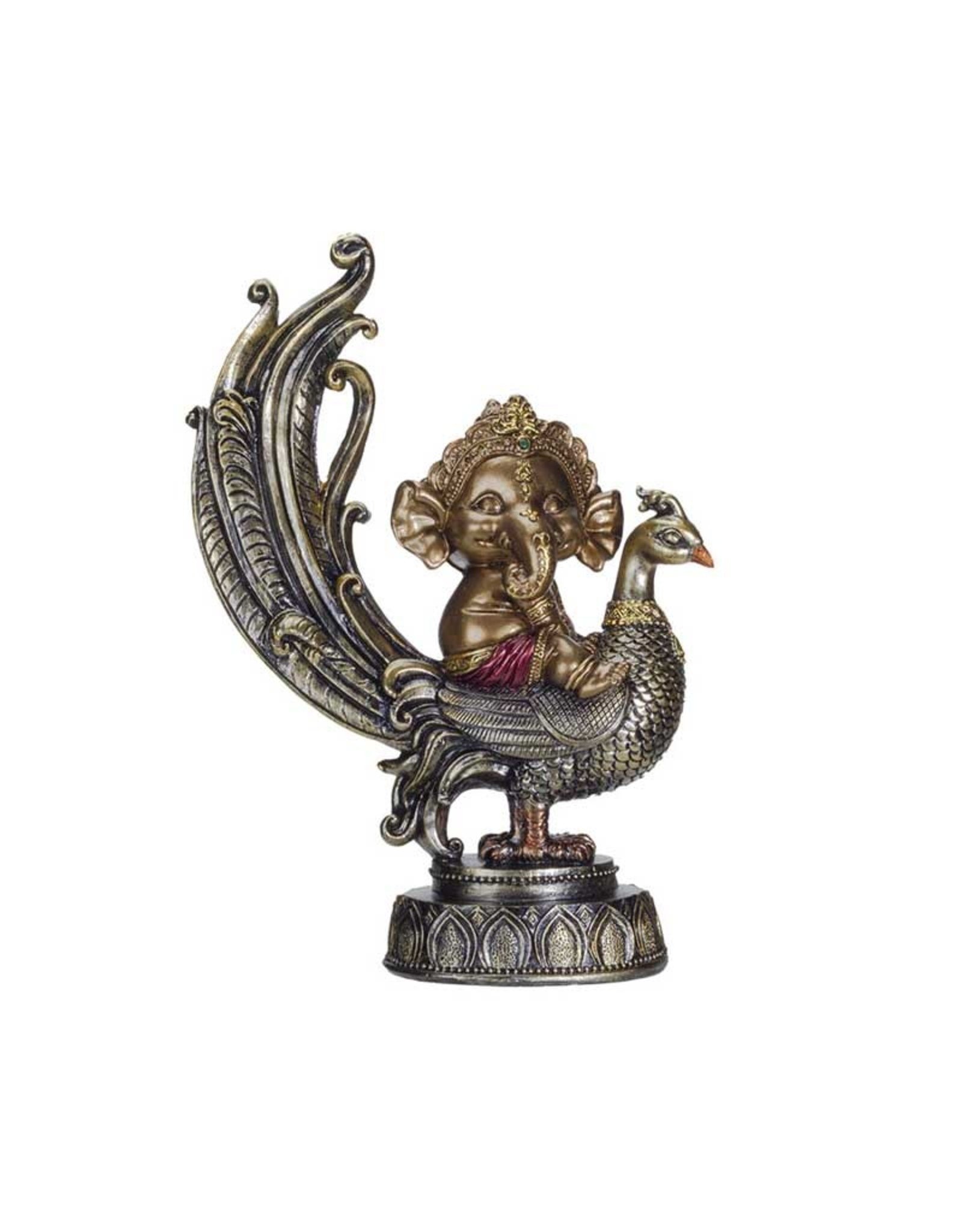 Pacific Trading Ganesha on Peacock Statue - 3" x 7" x 9.5"