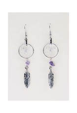 Monague Native Crafts Dream Catcher Earrings with Metal Feather Amethyst 3/4"