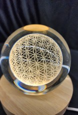 Engraved Crystal Ball Wood LED Light Base Flower of Life 3"