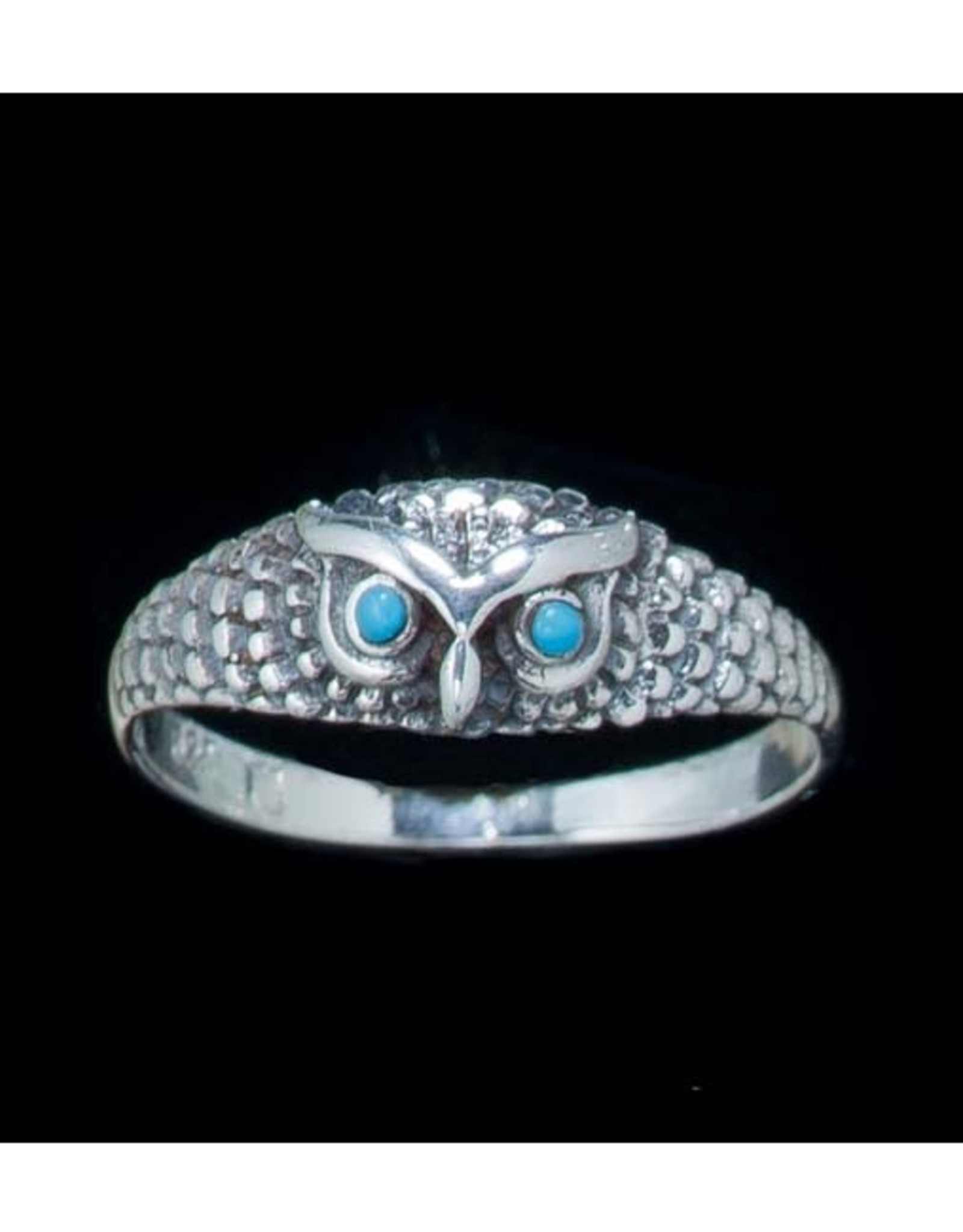 Owl w Turquoise Eyes Ring - Size 5 Sterling Silver