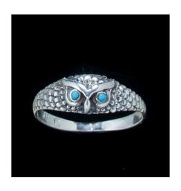 Owl w Turquoise Eyes Ring - Size 8 Sterling Silver