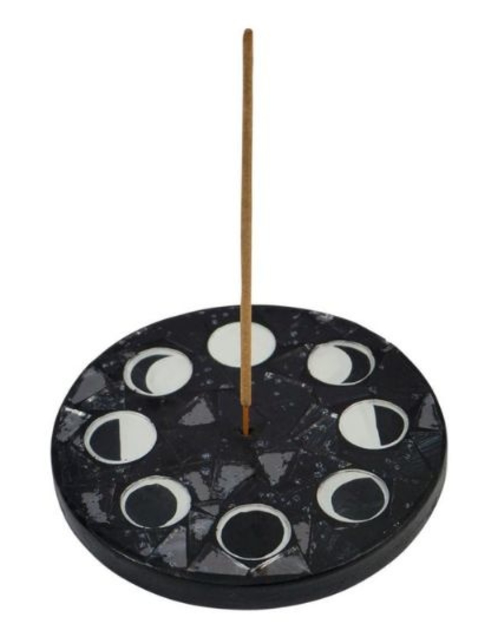 Wood Round Incense Holder - Mosaic Moon Phases Black 4.75"