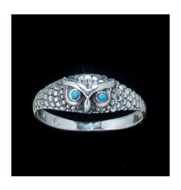Owl w Turquoise Eyes Ring - Size 7 Sterling Silver