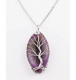 Necklace Tree of  Life w Oval Amethyst Stone