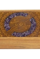 Wooden Crystal Box Healing Hands with Amethyst Inlay approx 5" x 7"