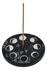 Wood Round Incense Holder - Mosaic Moon Phases Black 4.75"