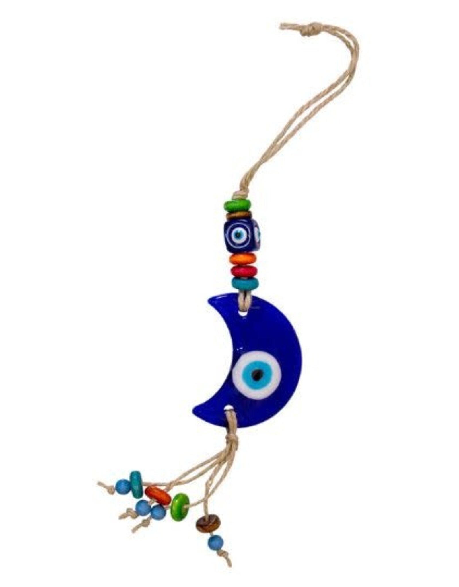 Evil Eye Talisman Glass Moon on Hemp Rope 6"