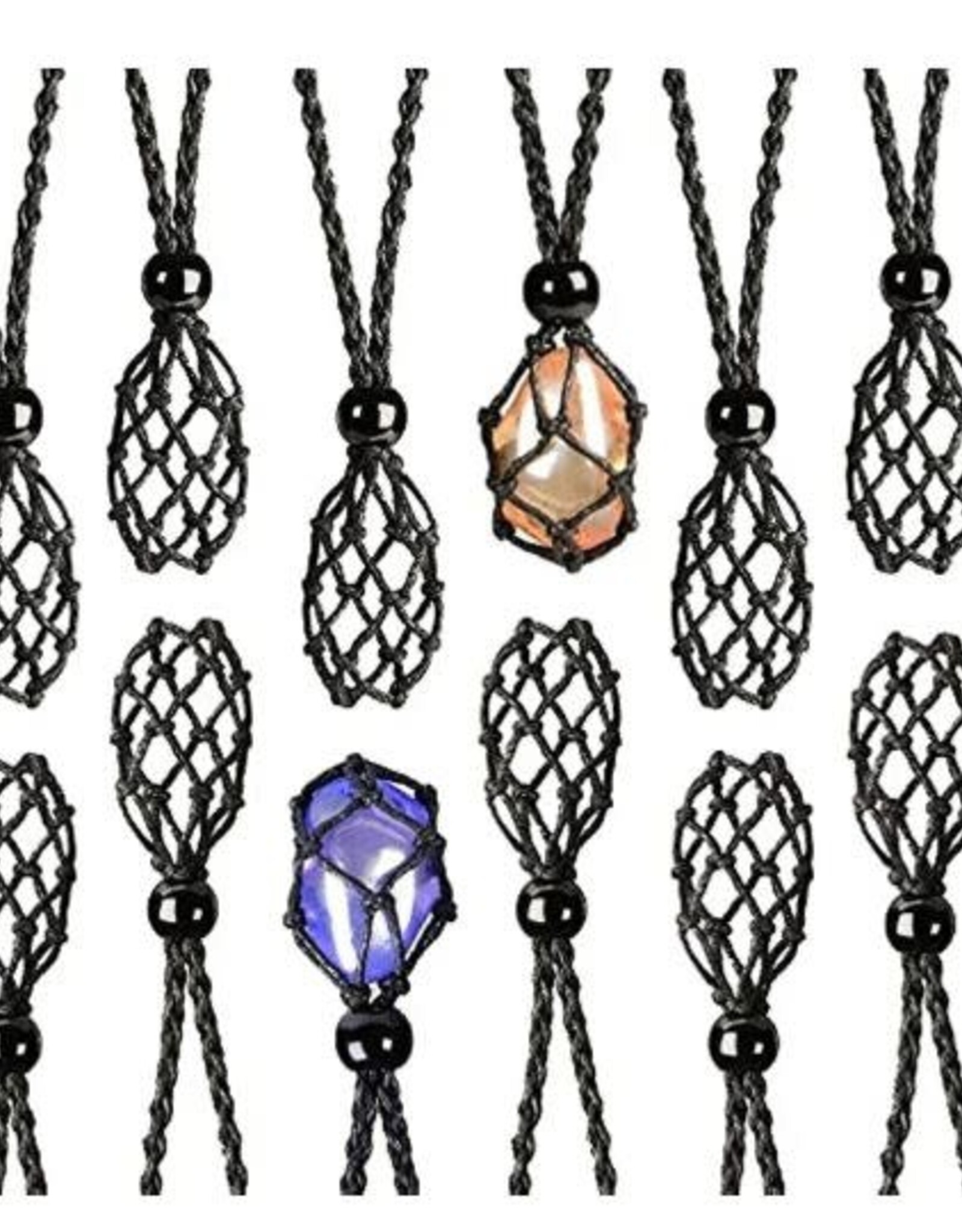 Macrame Crystal Cage Holder Necklace Black - Adjustable