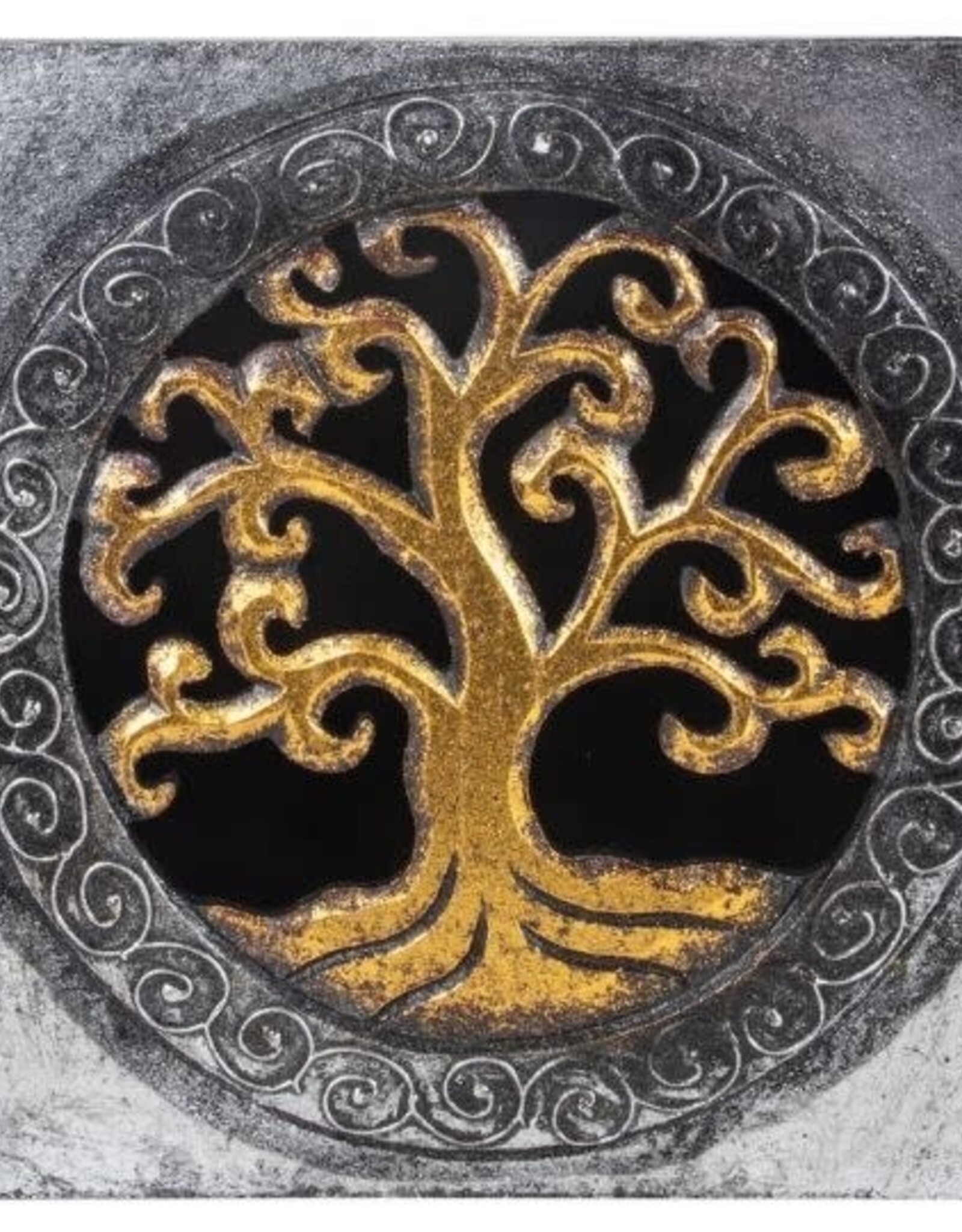 Wood Box Silver & Gold Tree of Life w Carved Lid 8x 8 x 3.5"H