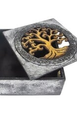 Wood Box Silver & Gold Tree of Life w Carved Lid 8x 8 x 3.5"H