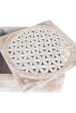 Wood Box Washed Flower of Life w Carved Lid 8x 8 x 3.5"H