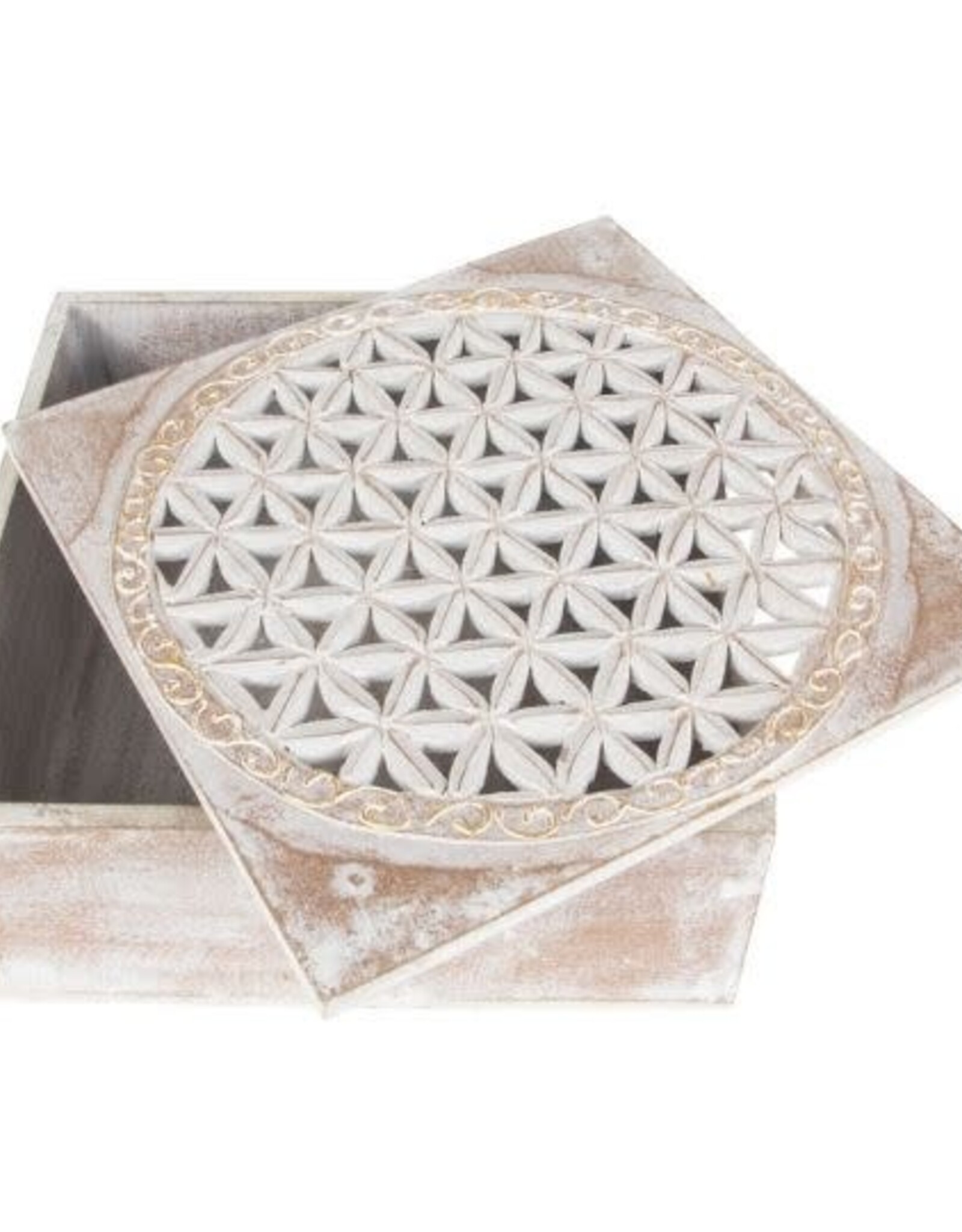 Wood Box Washed Flower of Life w Carved Lid 8x 8 x 3.5"H