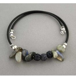 Black Lava Bead Wrap Bracelet with Labradorite
