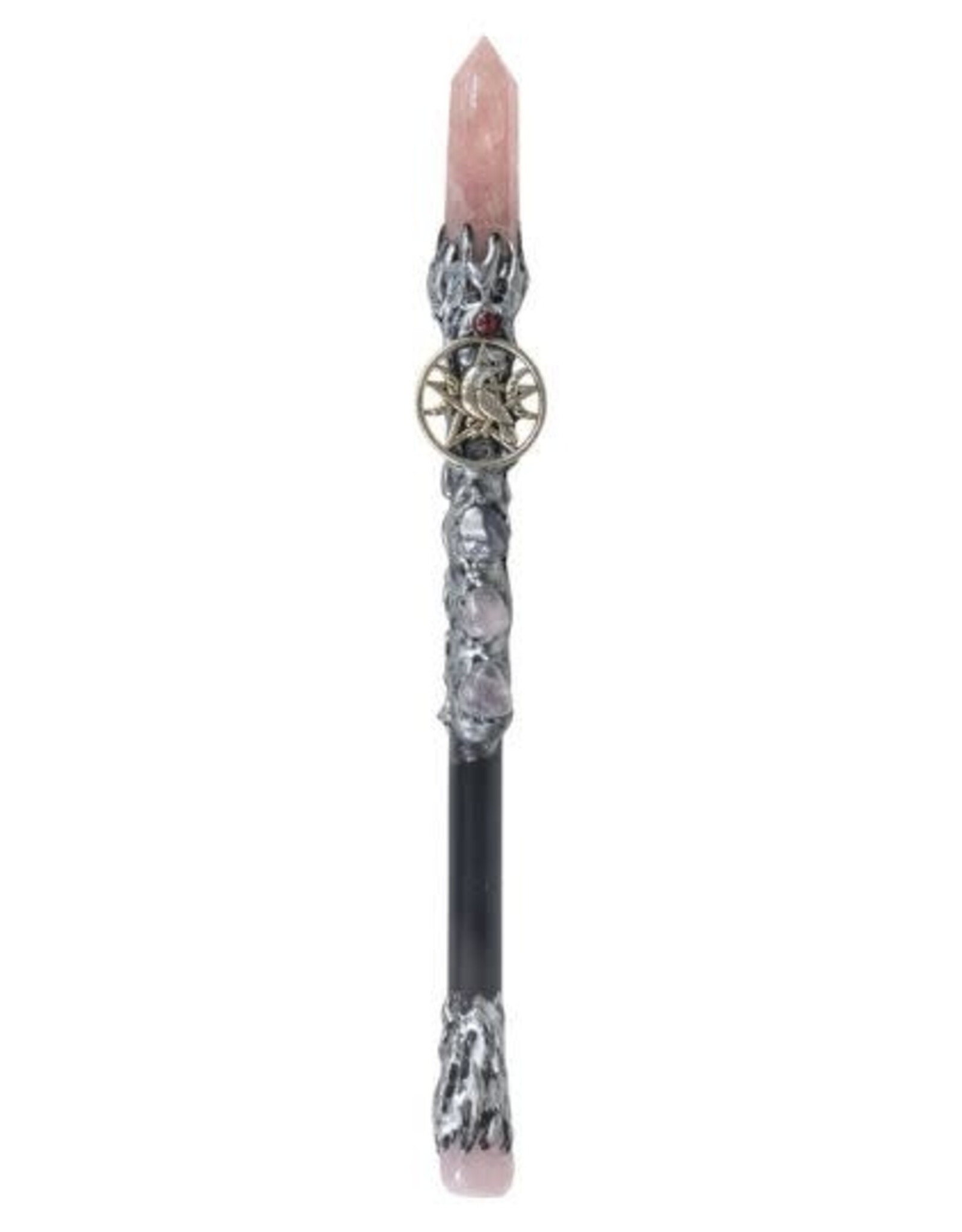 Magick Wand with Rose Quartz Point and Raven 10"