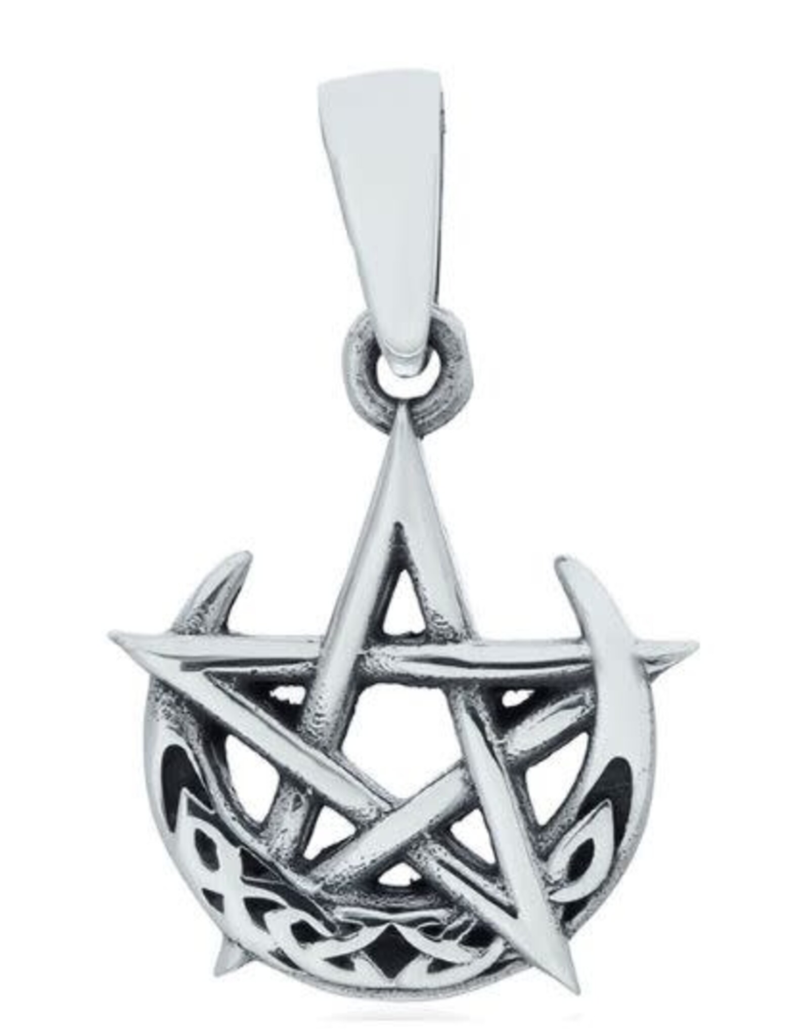 Celtic Night Moon Pentacle Pendant - Sterling Silver .75"