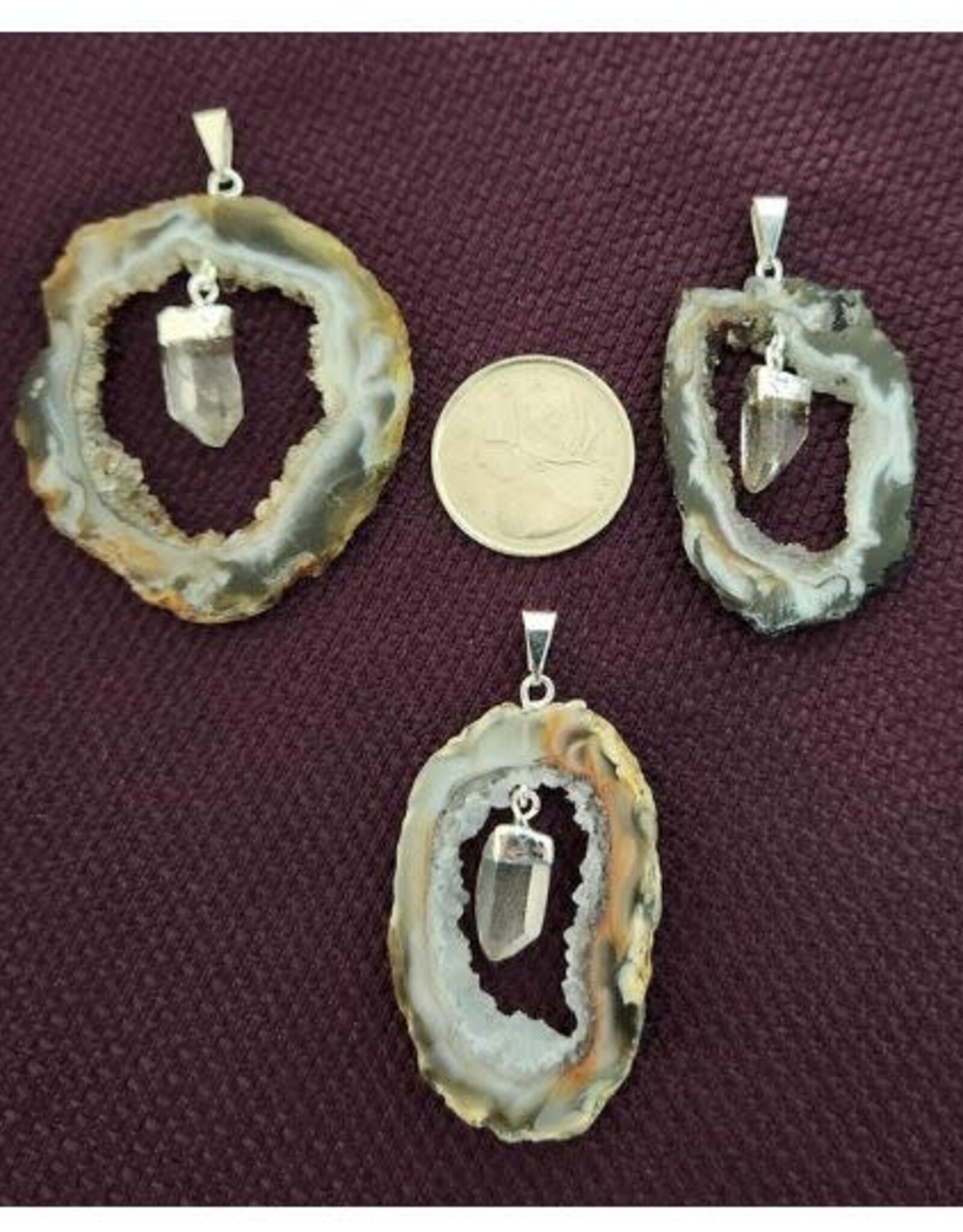 Agate Geode Slice with Quartz Pendant Sterling Silver