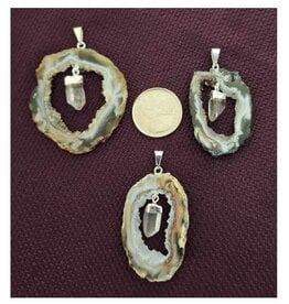 Agate Geode Slice with Quartz Pendant Sterling Silver