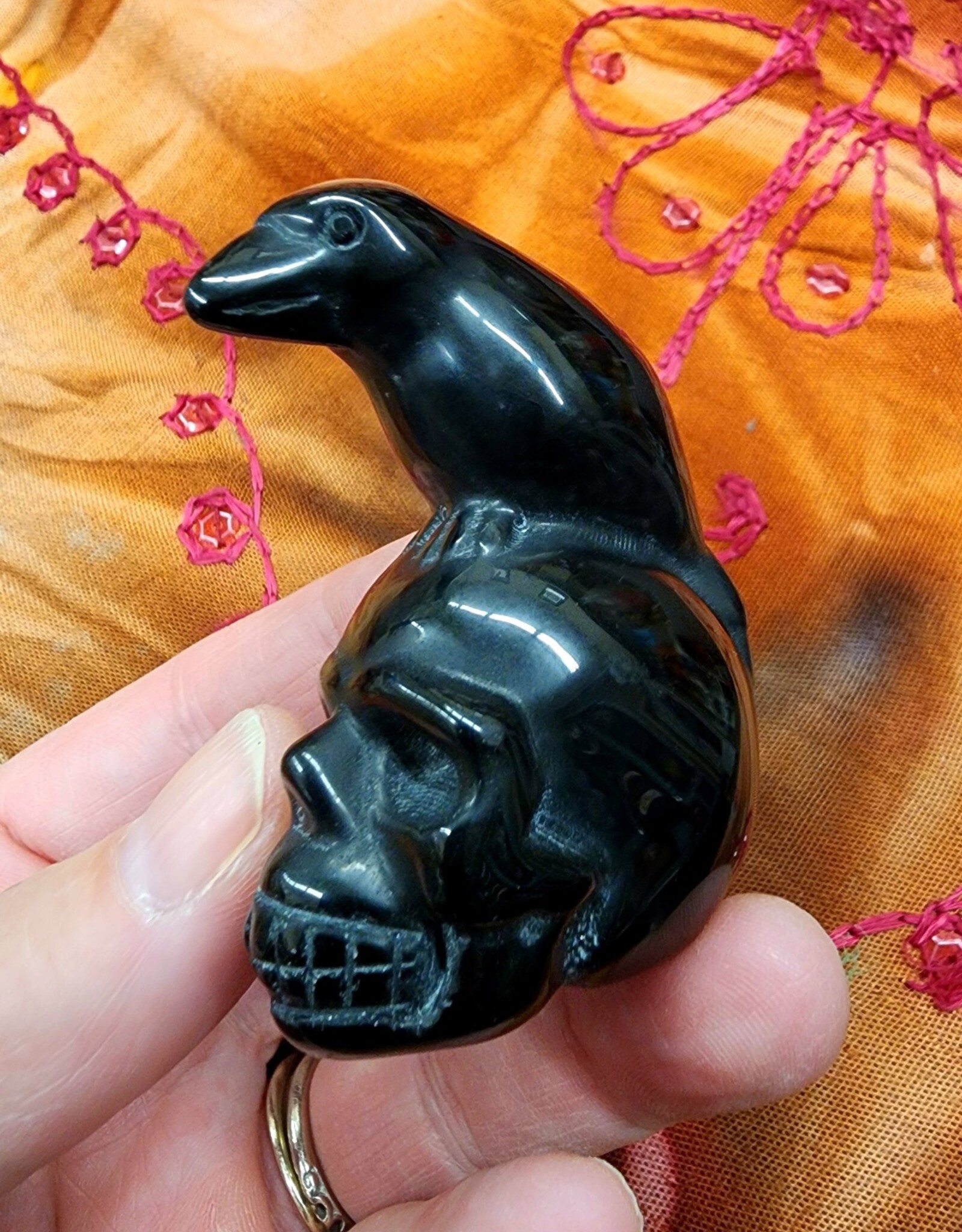 Black Obsidian Raven on Skull