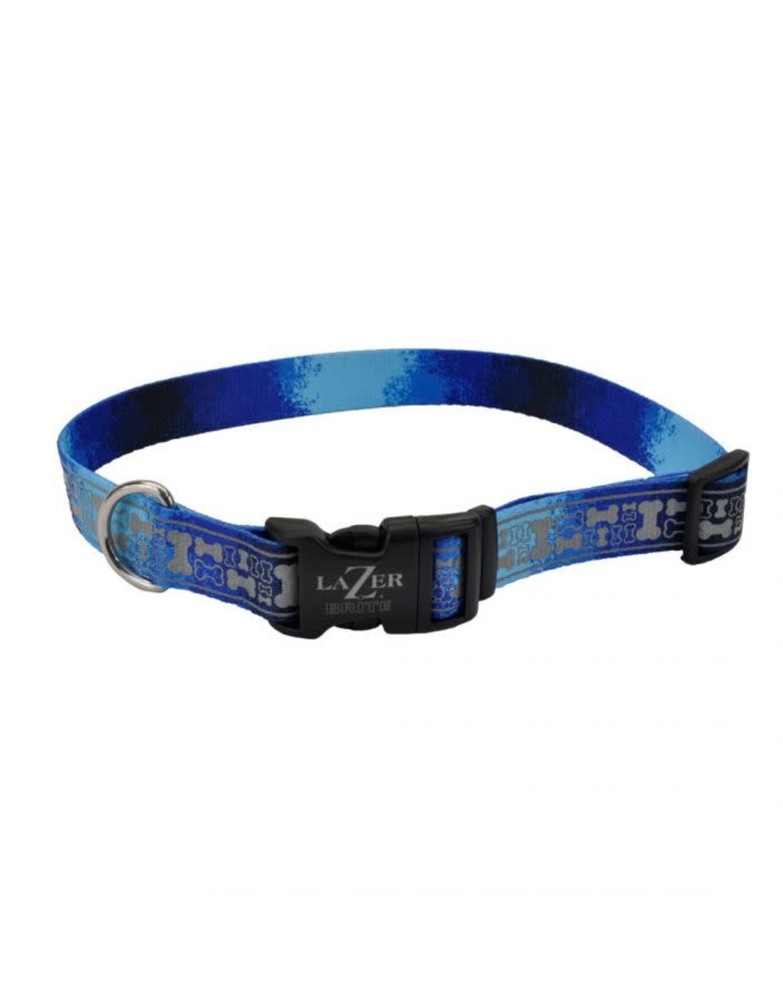 LASER BRITE- Dog Reflective Open Design Adjustable Collar Blue Multi Bone