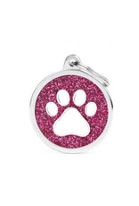 My Family Pet Tag- PINK BIG GLITTER CIRCLE WHITE PAW