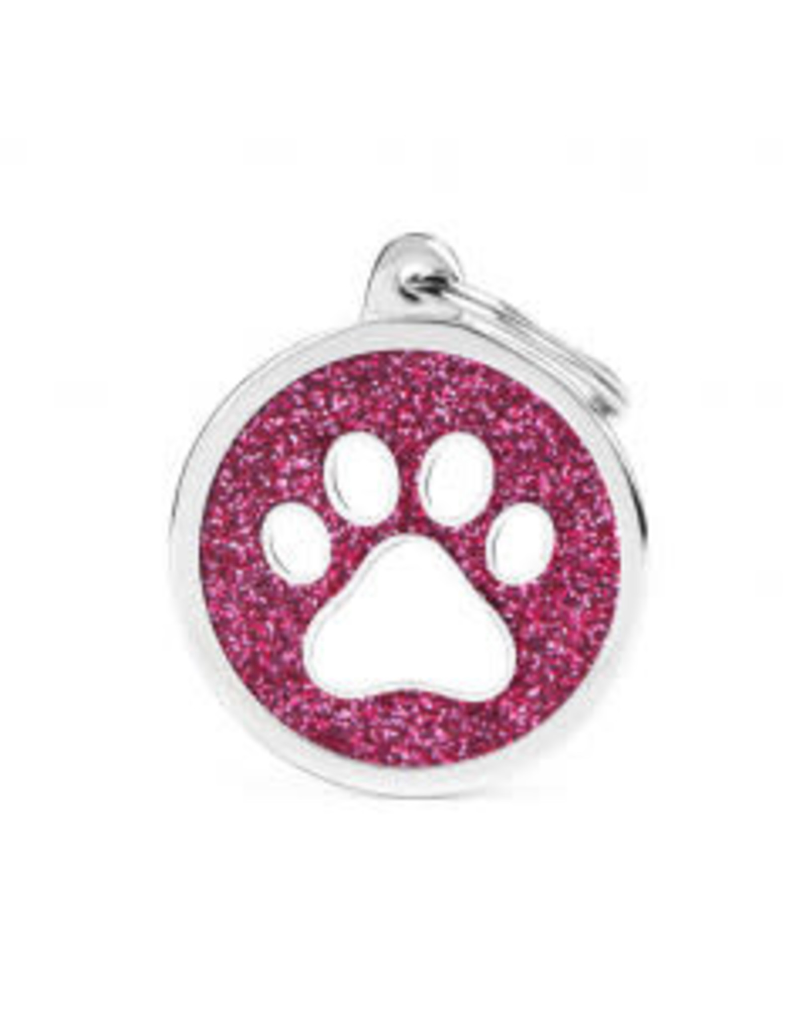 My Family Pet Tag- PINK BIG GLITTER CIRCLE WHITE PAW