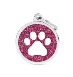 My Family Pet Tag- PINK BIG GLITTER CIRCLE WHITE PAW