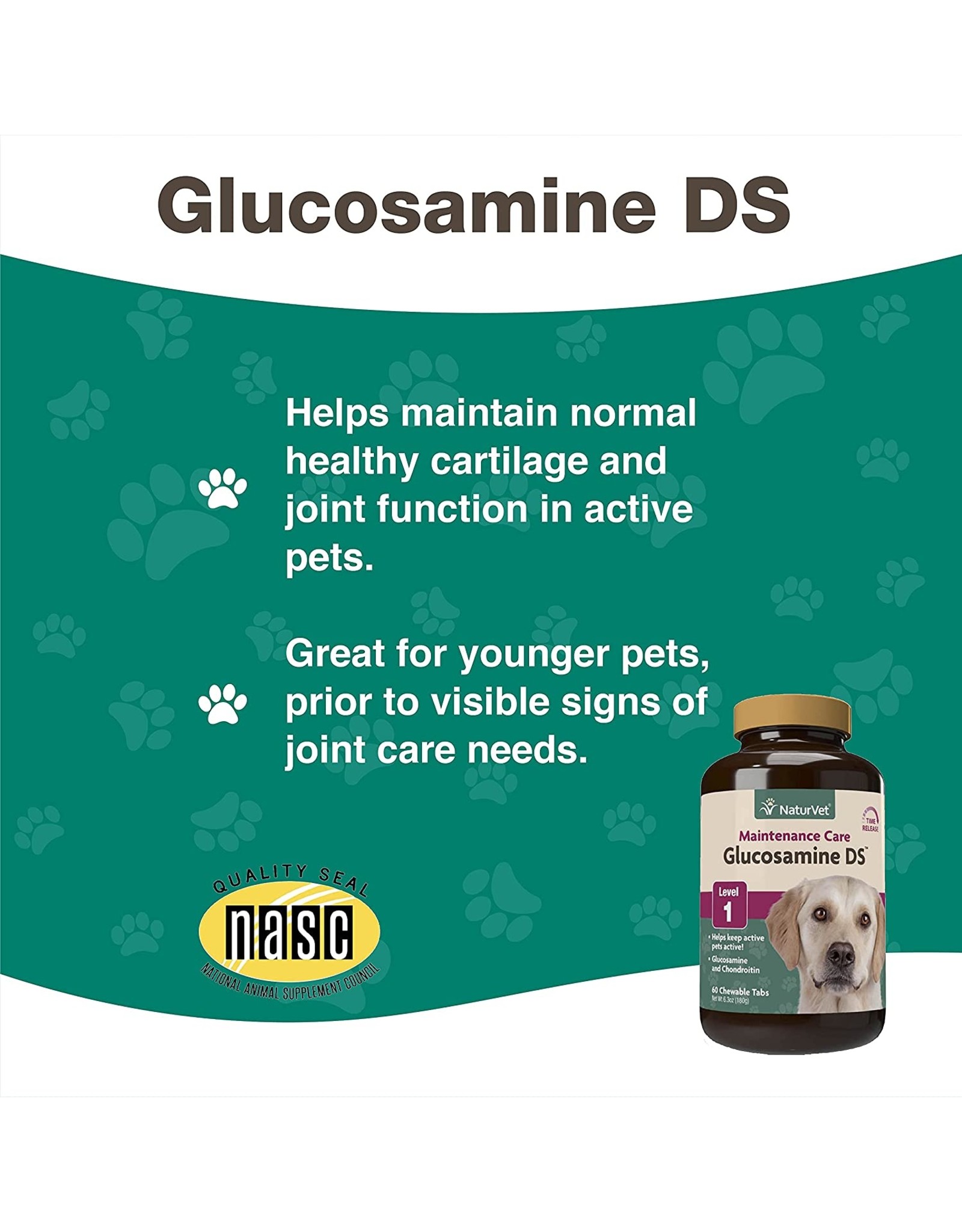 NaturVet® NaturVet Joint Care Maintenance Chewable Tablet Supplement for Dogs and Cats, Glucosamine DS Level 1, Joint Support with Glucosamine, Chondroitin, Omega Acids(60ct)