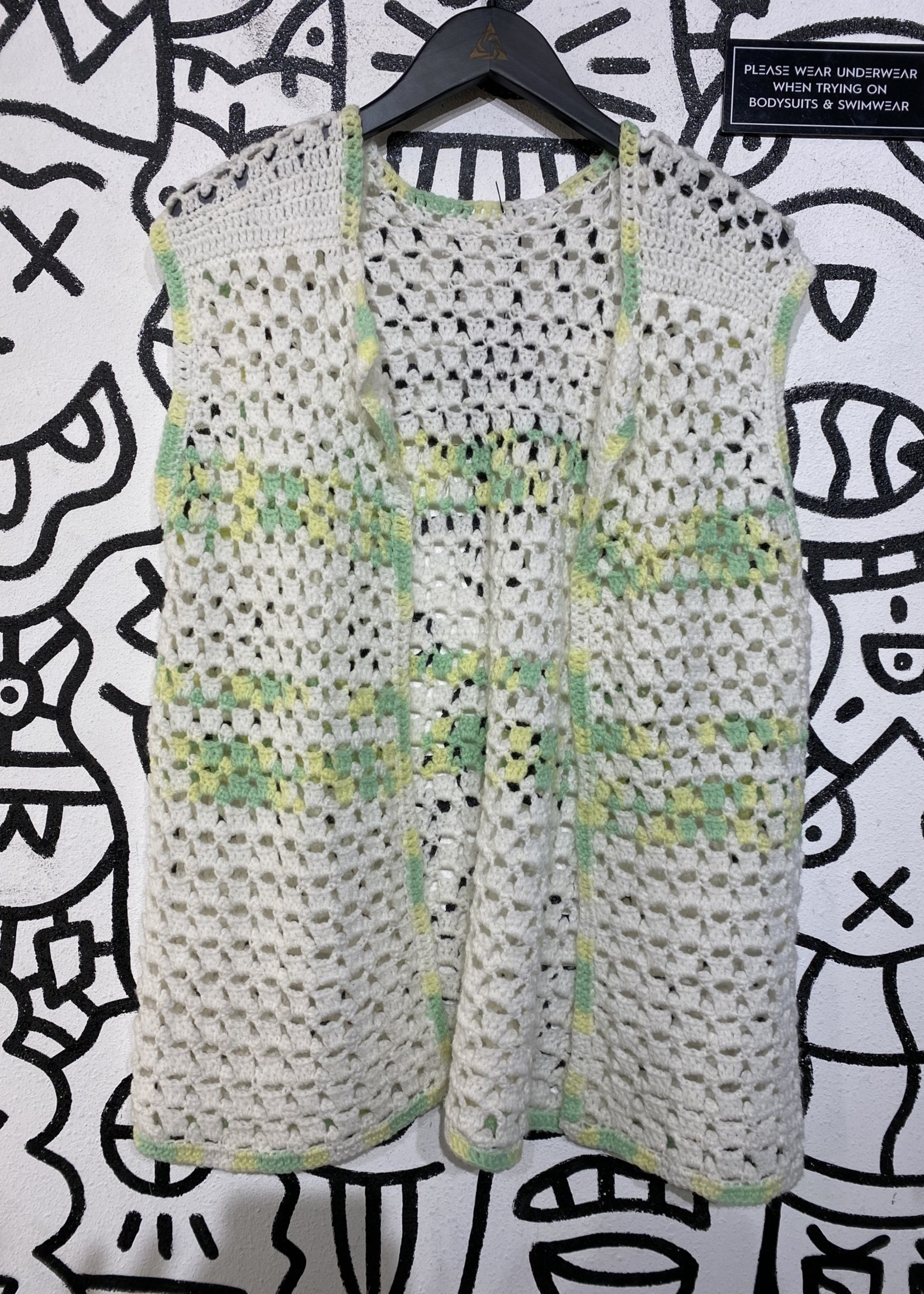 Handmade White Mint Green Crochet Vest XL