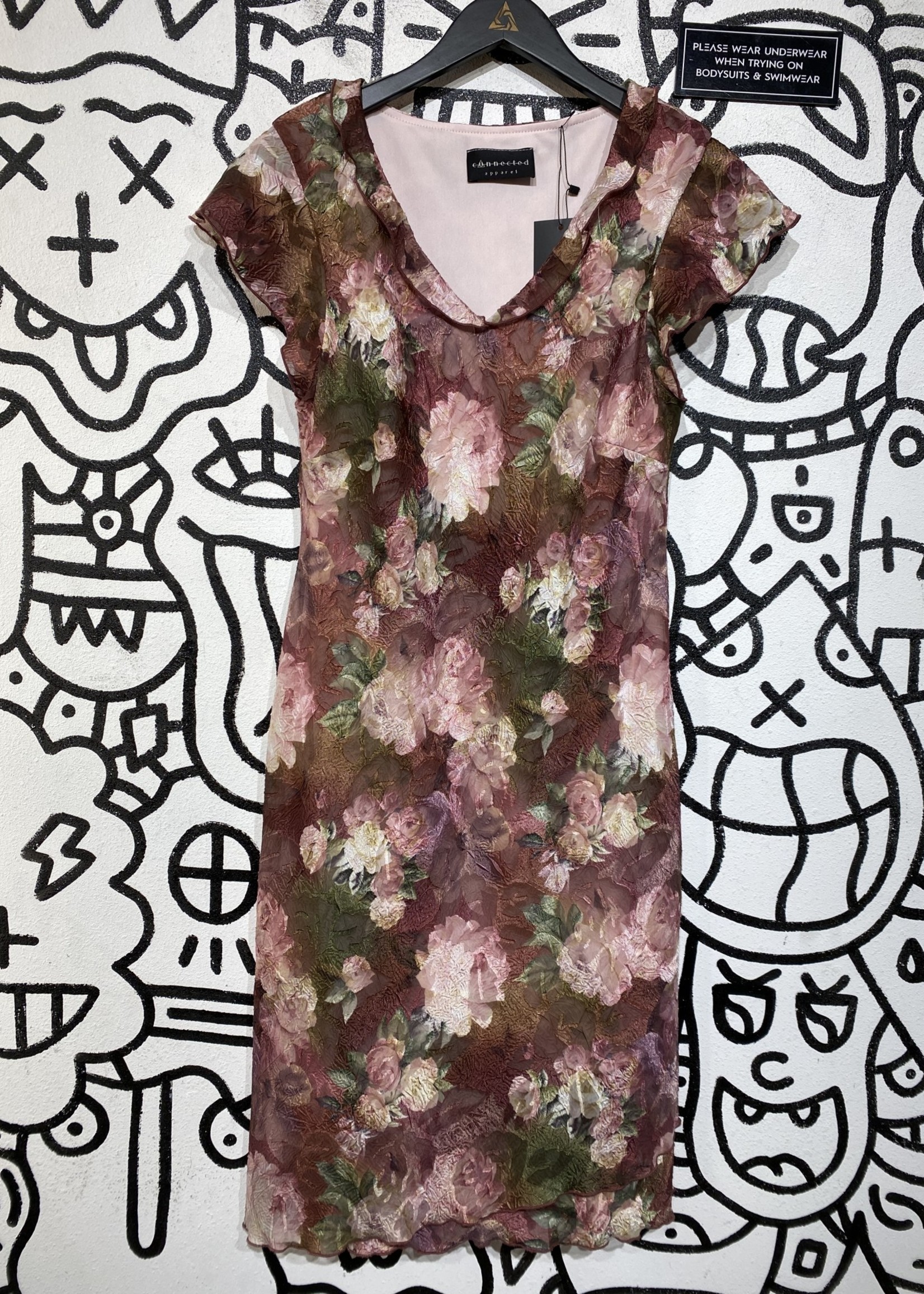 Connected Apparel Brown Pink Floral Dress M