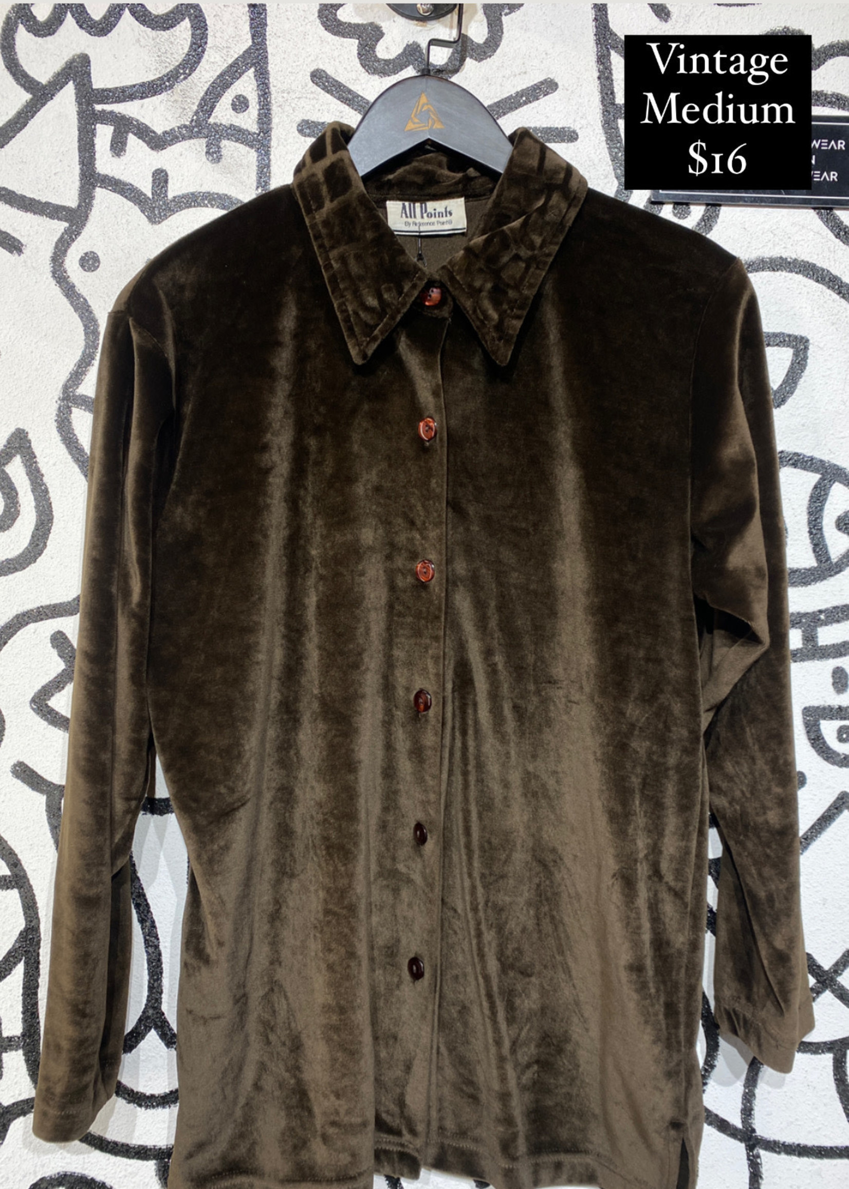 All Points Brown Velour Button Up M