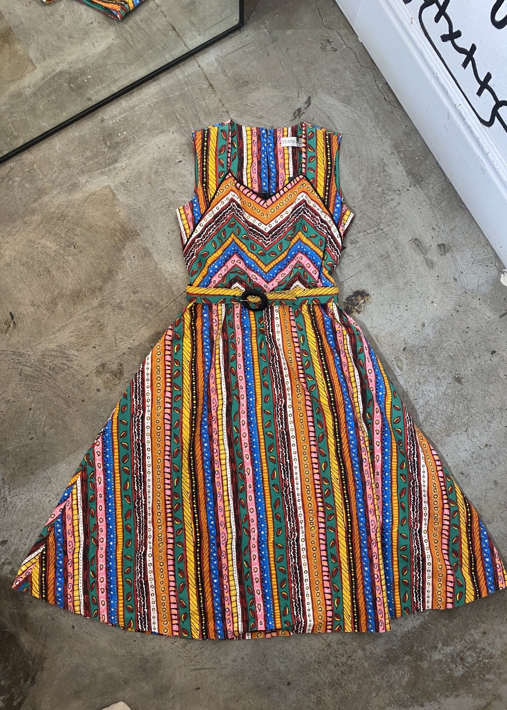 Terri Ellen Vintage Multicolor Belted Cotton Dress 8/M
