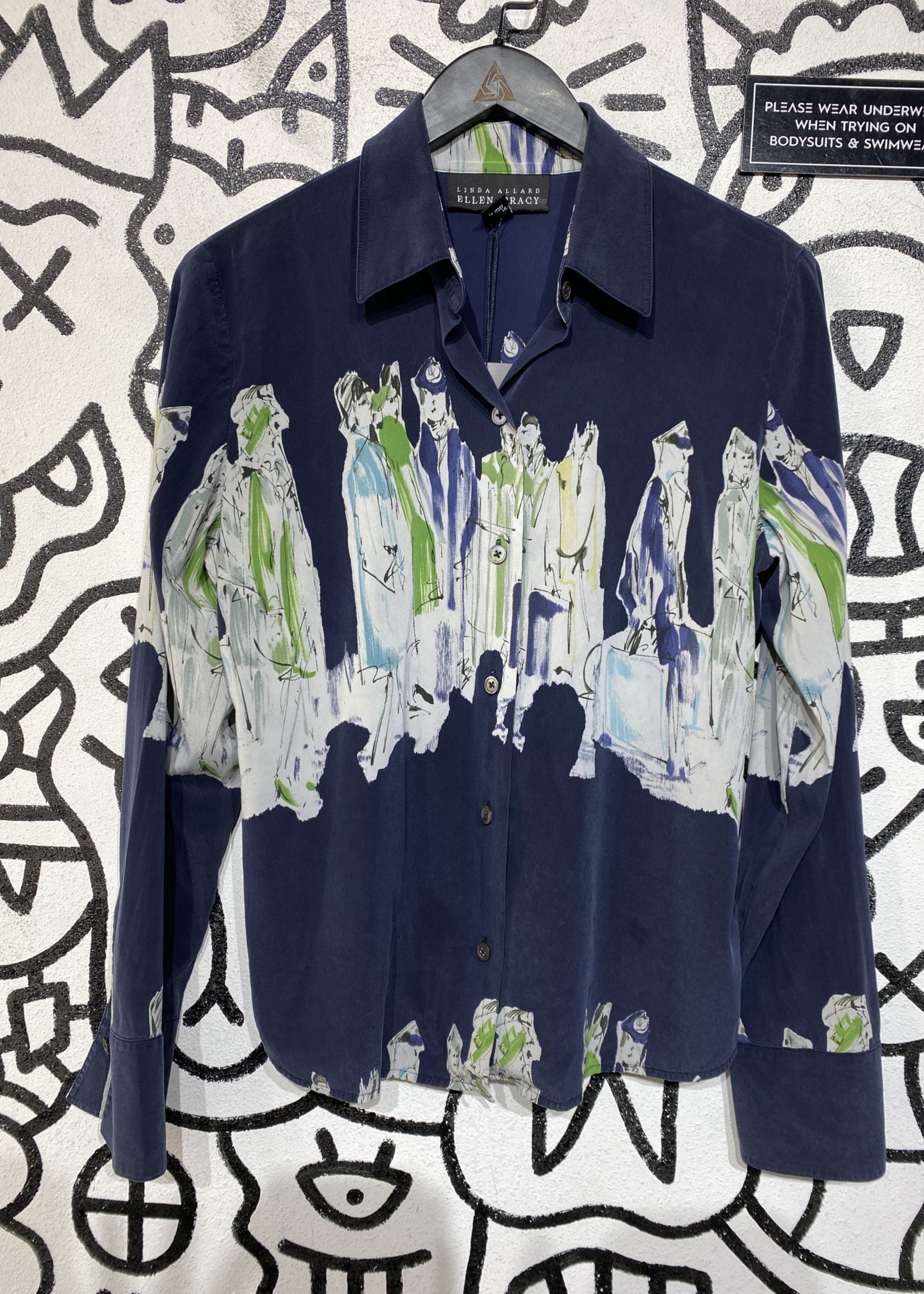Linda Allen Tracy Blue People Silk Button Up 12/L