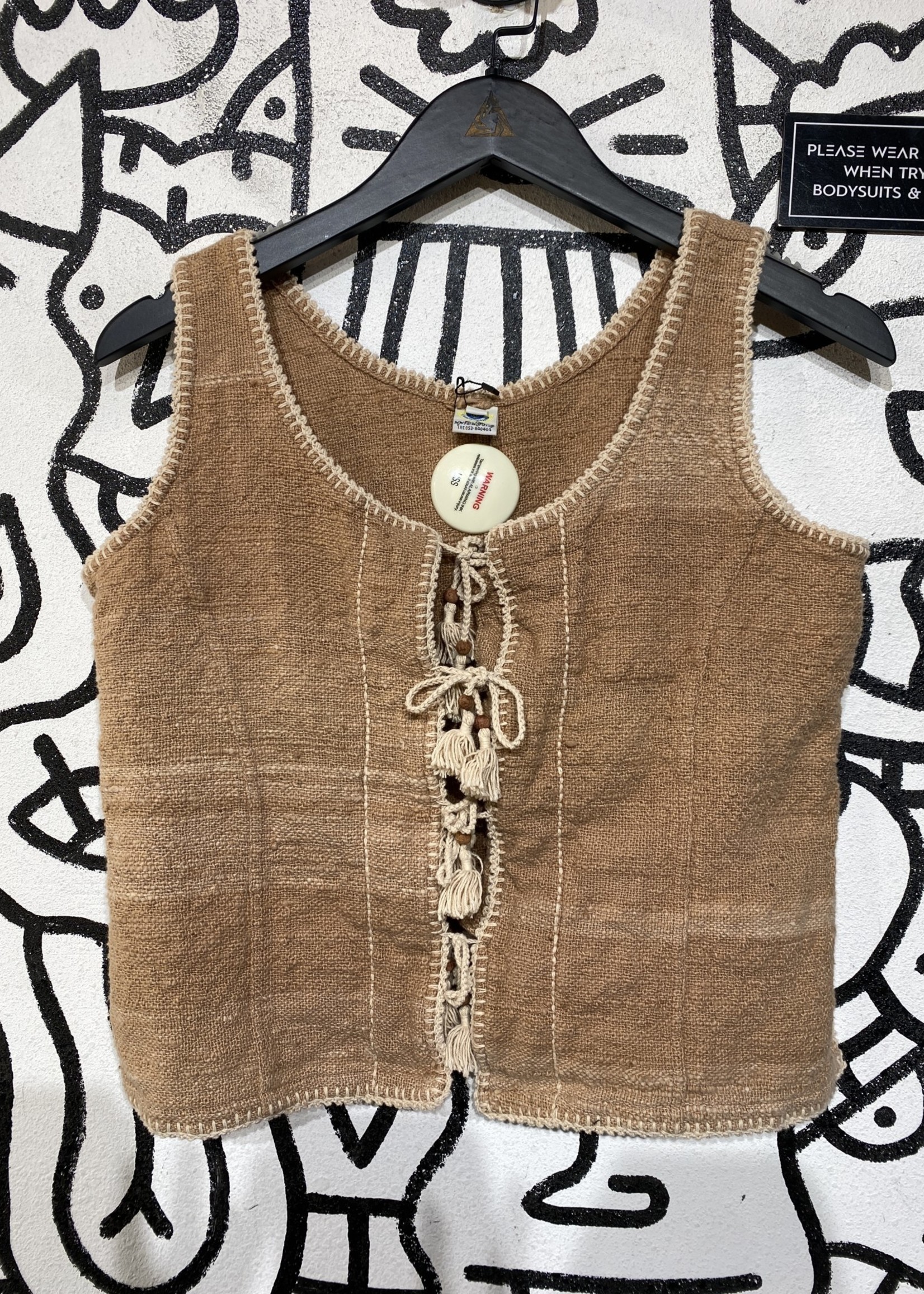 Vintage Brown Woven Vest with Fringe M