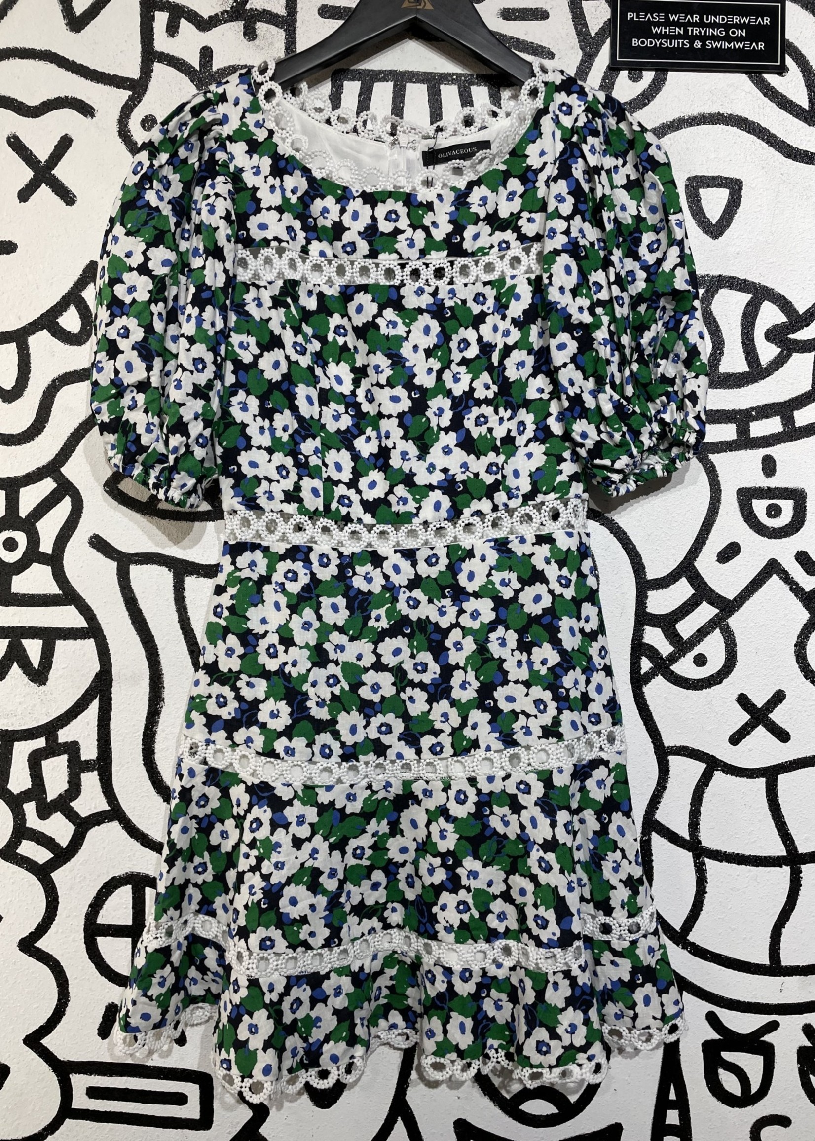 Olivaceous Green Black Blue Flower Print Dress S