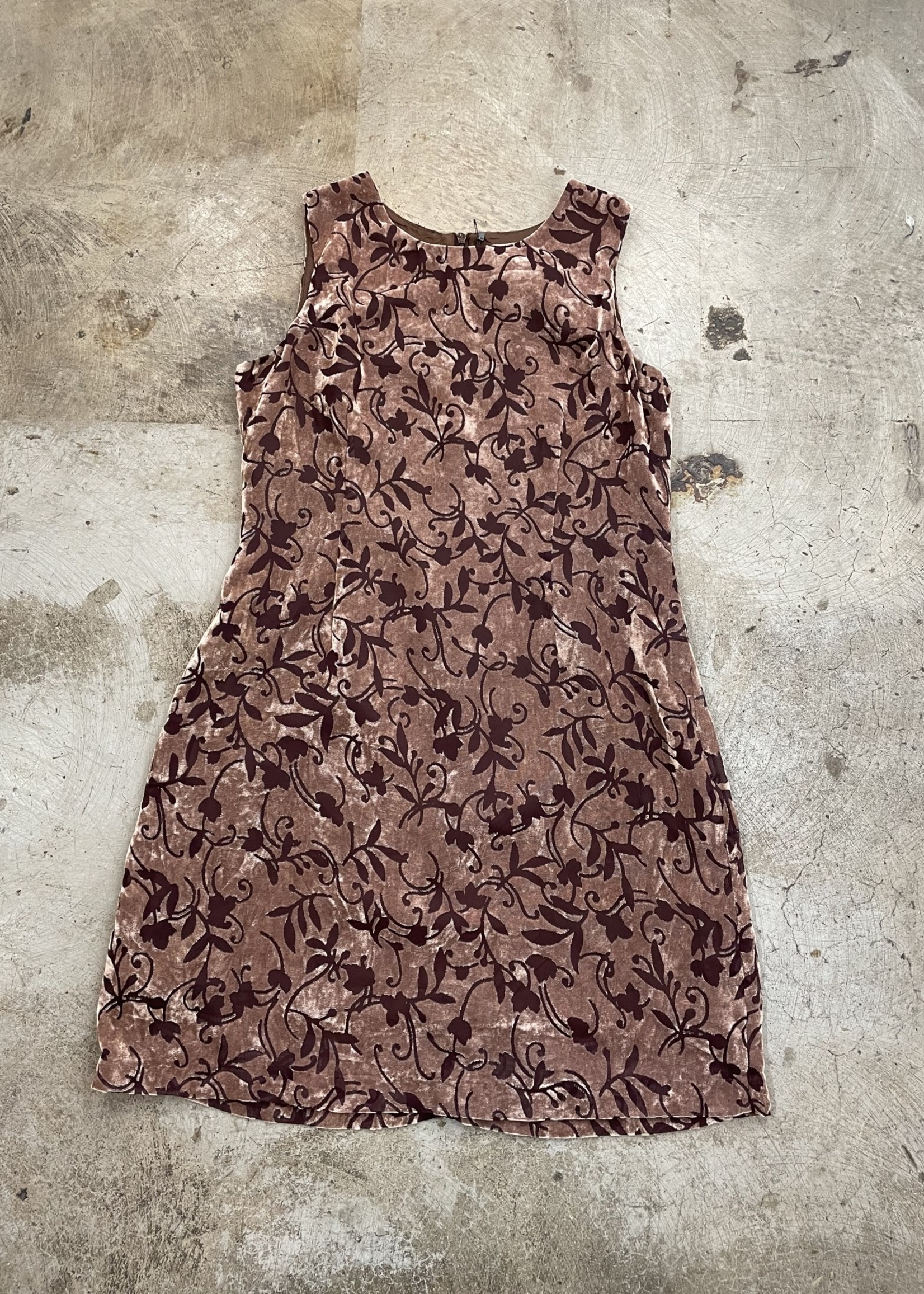 Y2K Brown Velour Flower Print Dress M