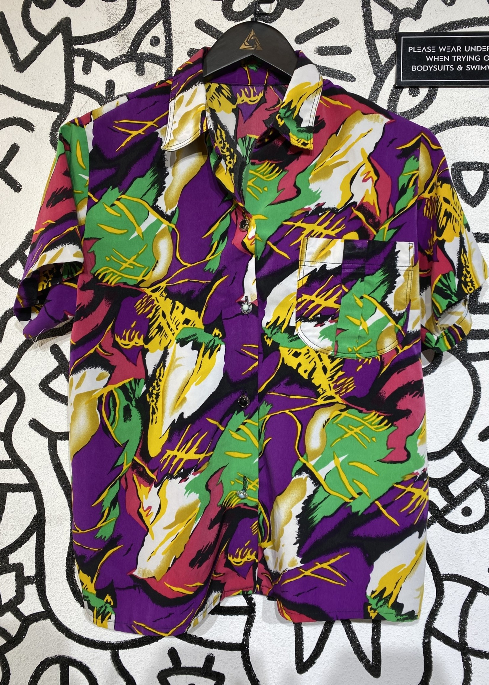 Vintage Purple Yellow Green Abstract Print Button Up Fem M