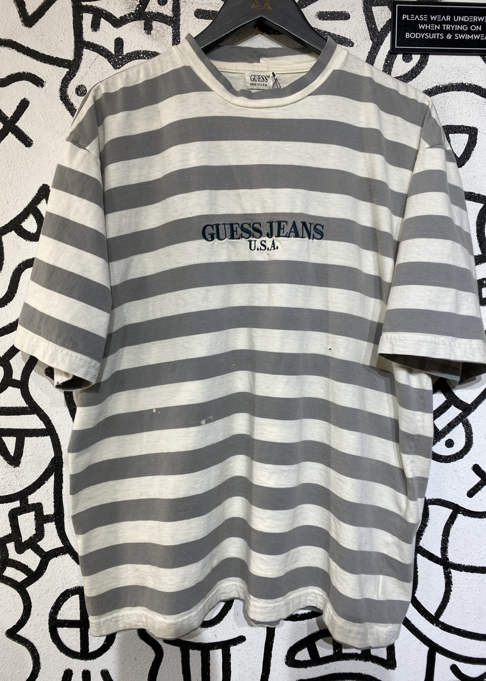 Guess Made In USA White Grey Striped Tee L AS IS