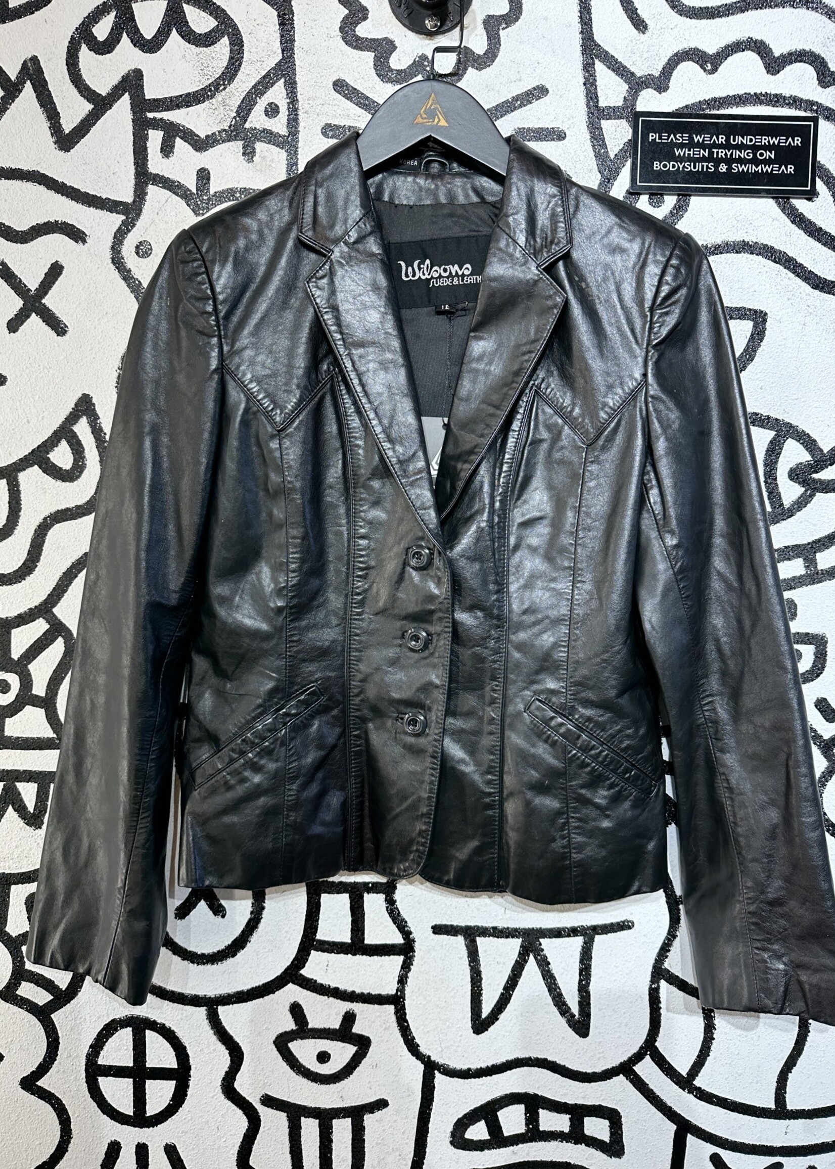 Wilsons Vintage Black Leather Button Jacket Fem S
